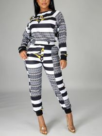 Casual Striped Random Print 2pc Set; Long Sleeve Loose Casual Tops & High Waist Long Length Pants Set (Color: Black, size: XL)