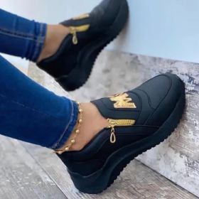 Women Sport Shoes Thick Bottom Solid Color Ladies Vulcanized Sneakers Casual Wedge Walking Shoes Slip On Zipper Women Shoes (Color: Black, Shoe Size: 39)