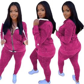 Women's Personality Printed Zipper Autumn and Winter New Leisure Sports Suit (Color: Rose Red, size: S)