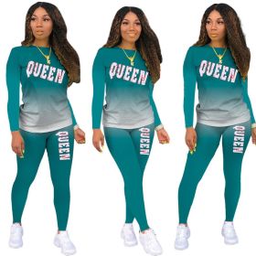 Autumn and Winter Women's Gradient Long-sleeved Trousers Home Service Two-piece Suit (Color: Dark green, size: XXL)