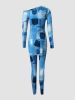 Stylish Denim Print 2pcs Set; Split Long Sleeve T-shirt & High Waist Skinny Pants