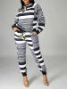 Casual Striped Random Print 2pc Set; Long Sleeve Loose Casual Tops & High Waist Long Length Pants Set