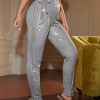 Solid Glitter Sequin Elastic Drawstring Long Length Leggings Pants; Slim Fit Party Pants