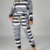 Casual Striped Random Print 2pc Set; Long Sleeve Loose Casual Tops & High Waist Long Length Pants Set