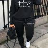 Plus Size Letter Print Shirt & Drawstring Pants Workout Set; Women's Plus Casual Outfits 2pcs Set