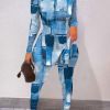 Stylish Denim Print 2pcs Set; Split Long Sleeve T-shirt & High Waist Skinny Pants